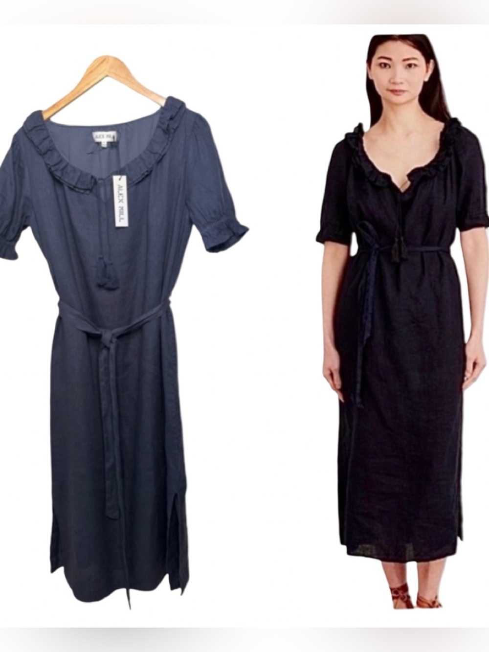 NWT ALEX MILL 100% Linen “Regan” Midi Dress Ruffle Neck Navy W/Tie Belt Medium